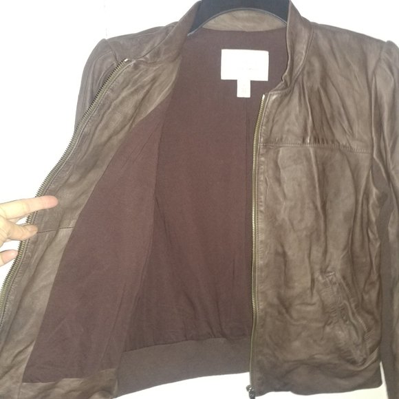 Hinge: Brown Genuine Leather Jacket With Knit Trim - Women's Size Small - Picture 6 of 15